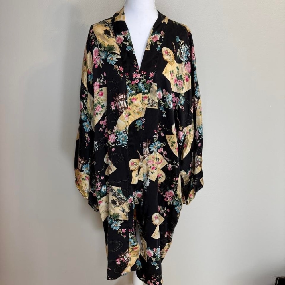 Vtg Victoria's Secret Dark Floral Silk Kimono Robe Sz OS Coquette Whimsigoth